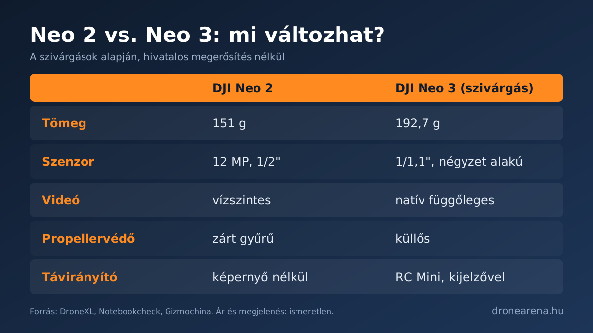DJI Neo 2 és a kiszivárgott Neo 3 összehasonlító táblázata